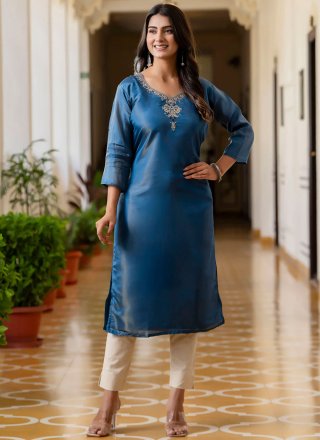 Embroidered Work Shimmer Casual Kurti In Blue Color