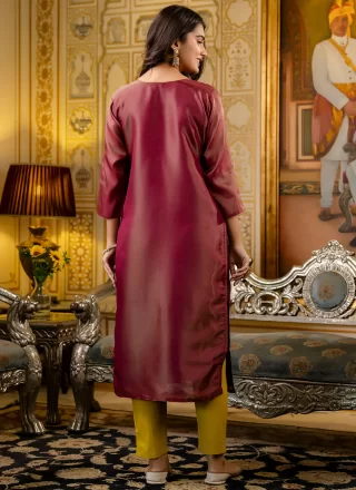 Embroidered Work Shimmer Party Wear Kurti In Wine Color