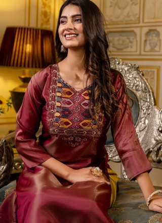 Embroidered Work Shimmer Party Wear Kurti In Wine Color