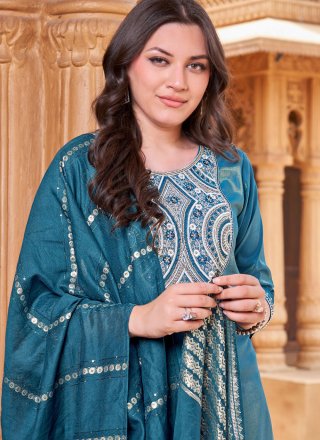 Embroidered Work Shimmer Readymade Style In Blue