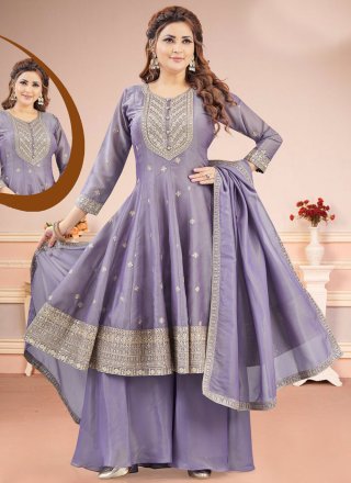 Embroidered Work Silk Anarkali Suit In Lavender