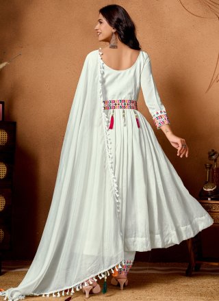 Embroidered Work Silk Anarkali Suit In White