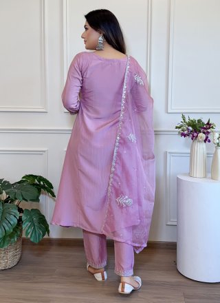 Embroidered Work Silk Blend Salwar Suit In Lavender Color