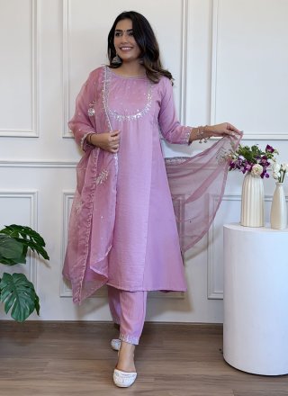Embroidered Work Silk Blend Salwar Suit In Lavender Color