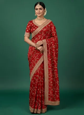 Embroidered Work Silk Classic Sari In Red