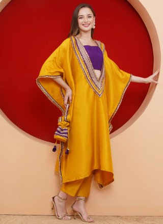 Embroidered Work Silk Designer Gown In Mustard for Festival