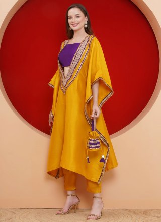 Embroidered Work Silk Designer Gown In Mustard for Festival