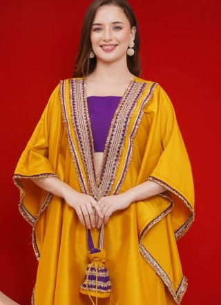 Embroidered Work Silk Designer Gown In Mustard for Festival