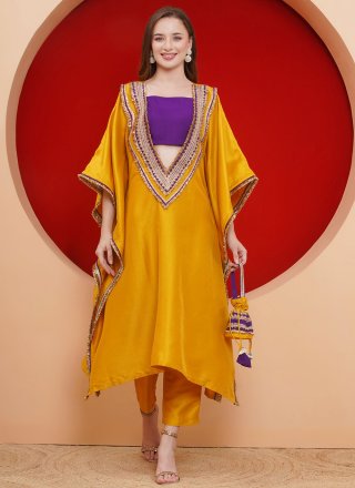 Embroidered Work Silk Designer Gown In Mustard for Festival