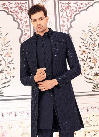 Embroidered Work Silk Indo Western In Blue for Ceremonial