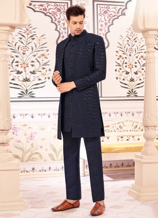 Embroidered Work Silk Indo Western In Blue for Ceremonial