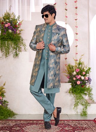 Embroidered Work Silk Indo Western In Green and Grey