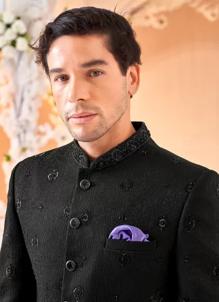 Embroidered Work Silk Jodhpuri Jacket In Black for Ceremonial