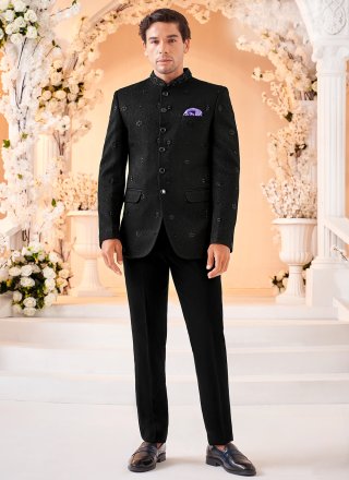 Embroidered Work Silk Jodhpuri Jacket In Black for Ceremonial