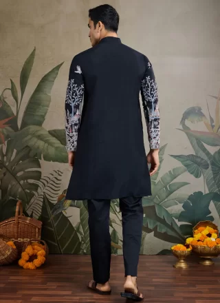 Embroidered Work Silk Kurta Mens Wear In Black for Ceremonial