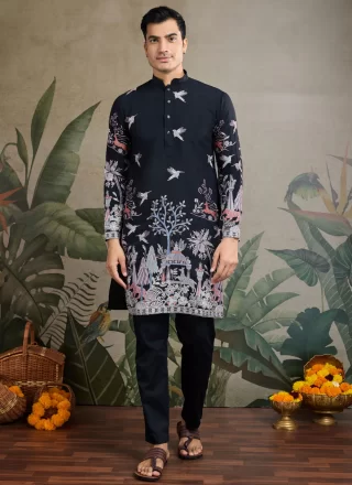Embroidered Work Silk Kurta Mens Wear In Black for Ceremonial