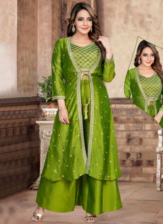 Embroidered Work Silk Palazzo Salwar Suit In Green Color