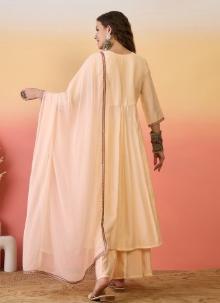 Embroidered Work Silk Palazzo Salwar Suit In Peach Color