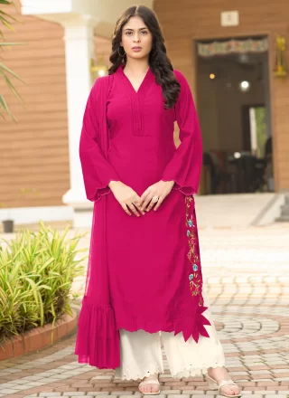 Embroidered Work Silk Palazzo Salwar Suit In Pink