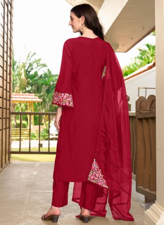 Embroidered Work Silk Pant Style Suit In Maroon
