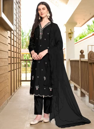 Embroidered Work Silk Readymade Salwar Suit In Black