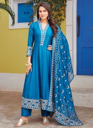Embroidered Work Silk Readymade Salwar Suit In Blue