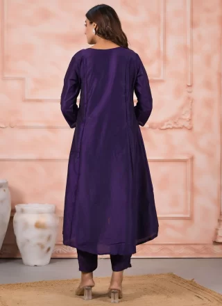 Embroidered Work Silk Readymade Salwar Suit In Blue Color