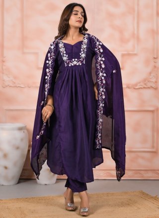 Embroidered Work Silk Readymade Salwar Suit In Blue Color