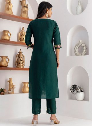 Embroidered Work Silk Readymade Salwar Suit In Green Color