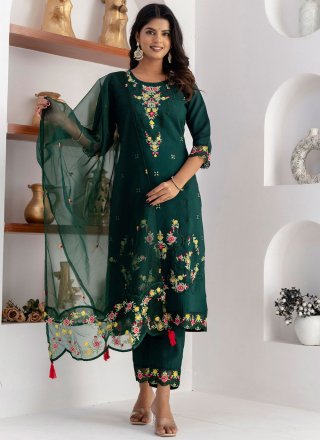 Embroidered Work Silk Readymade Salwar Suit In Green Color