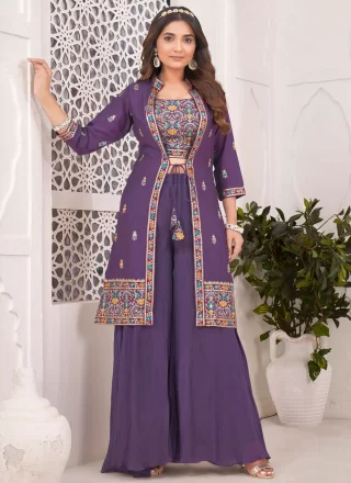 Embroidered Work Silk Readymade Salwar Suit In Lavender for Ceremonial