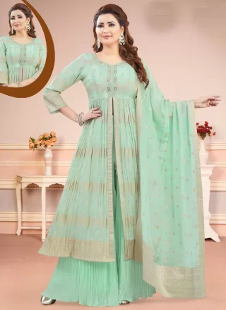 Embroidered Work Silk Readymade Salwar Suit In Sea Green for Ceremonial