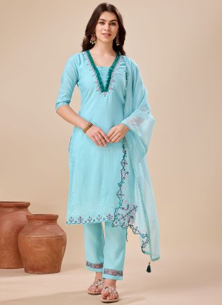 Embroidered Work Silk Salwar Suit In Aqua Blue Color