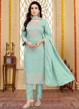Embroidered Work Silk Salwar Suit In Aqua Blue
