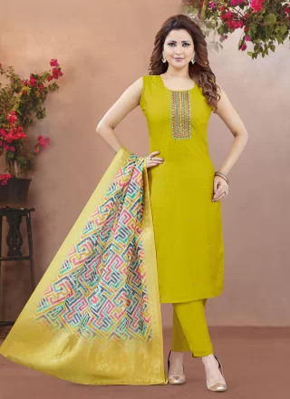 Embroidered Work Silk Salwar Suit In Green Color