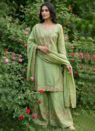 Embroidered Work Silk Salwar Suit In Green