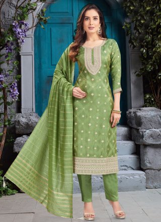 Embroidered Work Silk Salwar Suit In Green for Ceremonial