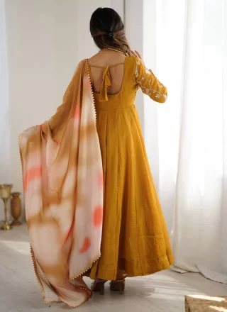 Embroidered Work Silk Salwar Suit In Mustard for Festival