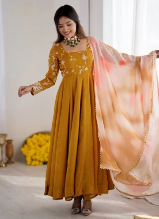 Embroidered Work Silk Salwar Suit In Mustard for Festival