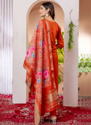 Embroidered Work Silk Salwar Suit In Orange Color