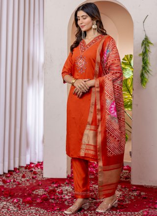 Embroidered Work Silk Salwar Suit In Orange Color