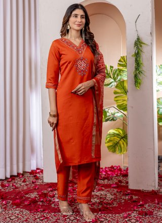 Embroidered Work Silk Salwar Suit In Orange Color