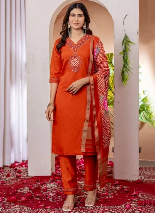 Embroidered Work Silk Salwar Suit In Orange Color