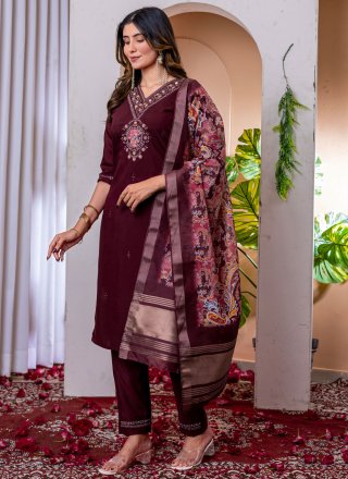 Embroidered Work Silk Salwar Suit In Purple Color