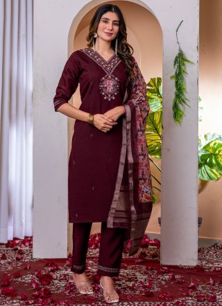 Embroidered Work Silk Salwar Suit In Purple Color