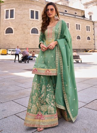 Embroidered Work Silk Salwar Suit In Sea Green Colour