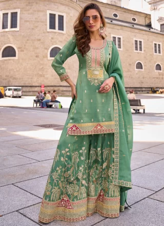 Embroidered Work Silk Salwar Suit In Sea Green Colour
