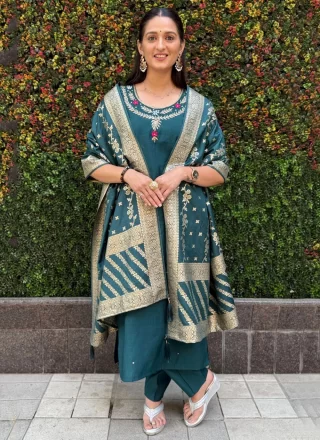 Embroidered Work Silk Salwar Suit In Teal