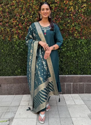 Embroidered Work Silk Salwar Suit In Teal