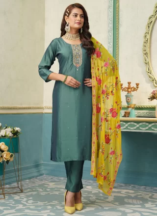 Embroidered Work Silk Salwar Suit In Teal Color